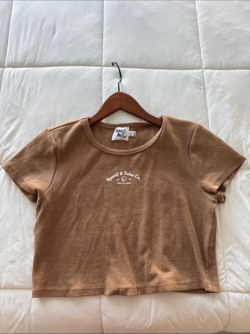 Princess Polly Tan Cropped Tee with White Chest Logo